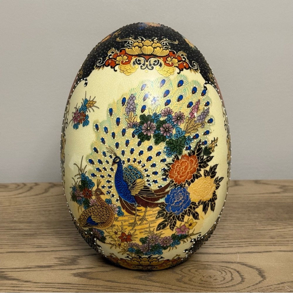 Antique Asian Porcelain Egg Peacock Art Piece